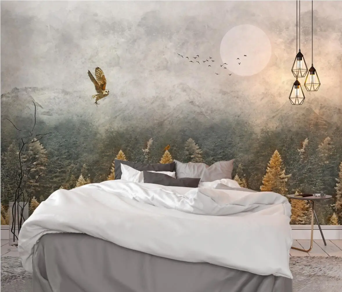 Custom 3D Mural Wallpaper Nordic retro foggy forest birds Art Wall Painting wallpapers for Living Room Bedroom Photo Wall Paper