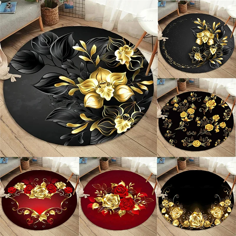Gold Rose Pattern Round Carpet Black-Gold Three-Tone Main Palette Romantic Floral Atmosphere Elegant & Luxurious, Indoor Doormat