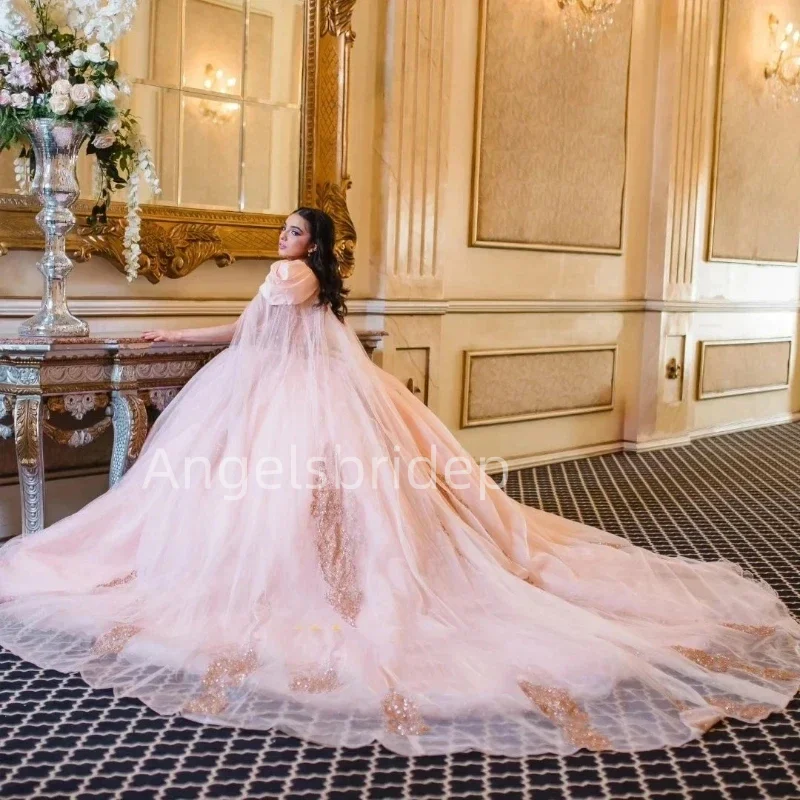 Angelsbride Unique Cape Long Train Pink Ball Gown Quinceanera Dresses Princess Celebrity Sweet 16 Dress Vestidos De Fiesta