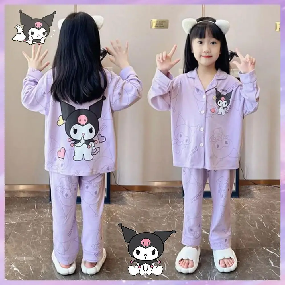 Anime Kuromi Kids Pajamas Sanrios Melody Cinnamoroll Flip Collar Cardigan Spring Long-Sleeved Cartoon Cute Cotton Homewear Set