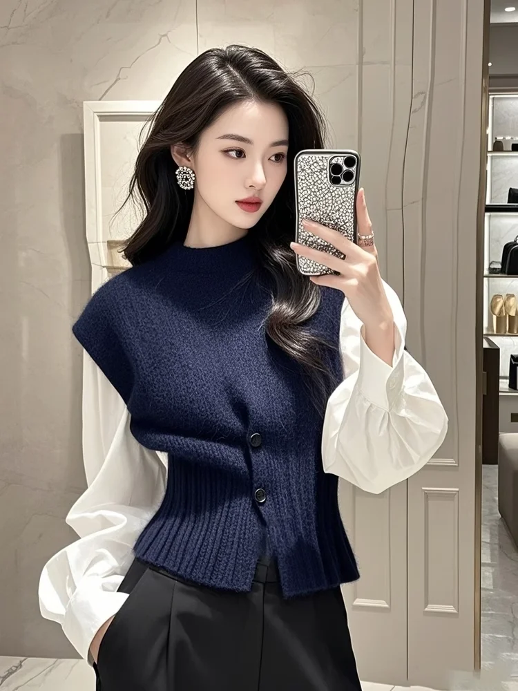 Ele tricoté gilet irt ensemble femmes Faion superposition deux pièces laine mélange rond Ne trajet Sle couleur Pure printemps 2025