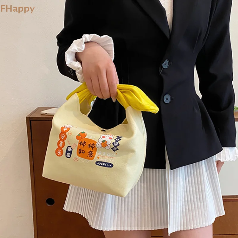 Cute Canvas Handbag Cartoon Small Bucket Bag Clutch Purse Bento Bag Office Worker Handbag Women Girls