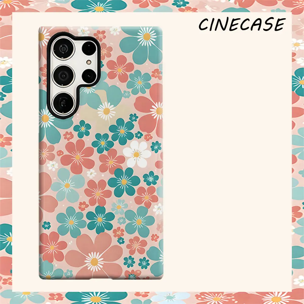 retro floral teal pink For Samsung Galaxy S26 S25 S24 A56 A36 Dual Layer Luxury Fashion Full Lens Protective Case