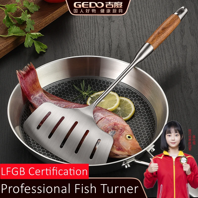 

LFGB Certification 304 Stainless Steel Kitchen Fish Turner with Leaking Hole and Solid Wooden Handle Stir Spatula Cooking Shovel
