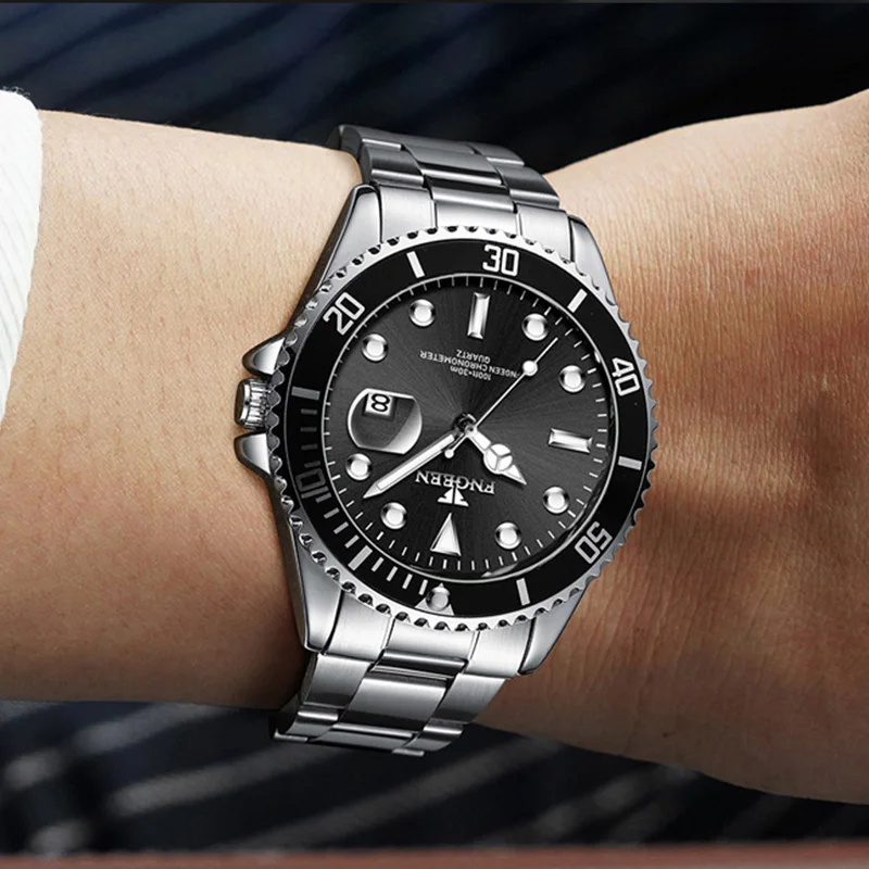 FNGEEN 남성용 초박형 쿼츠 시계, 럭셔리 스테인레스 스틸 스트랩, 방수 발광 캐주얼 비즈니스 남자 손목시계, 패션 브랜드