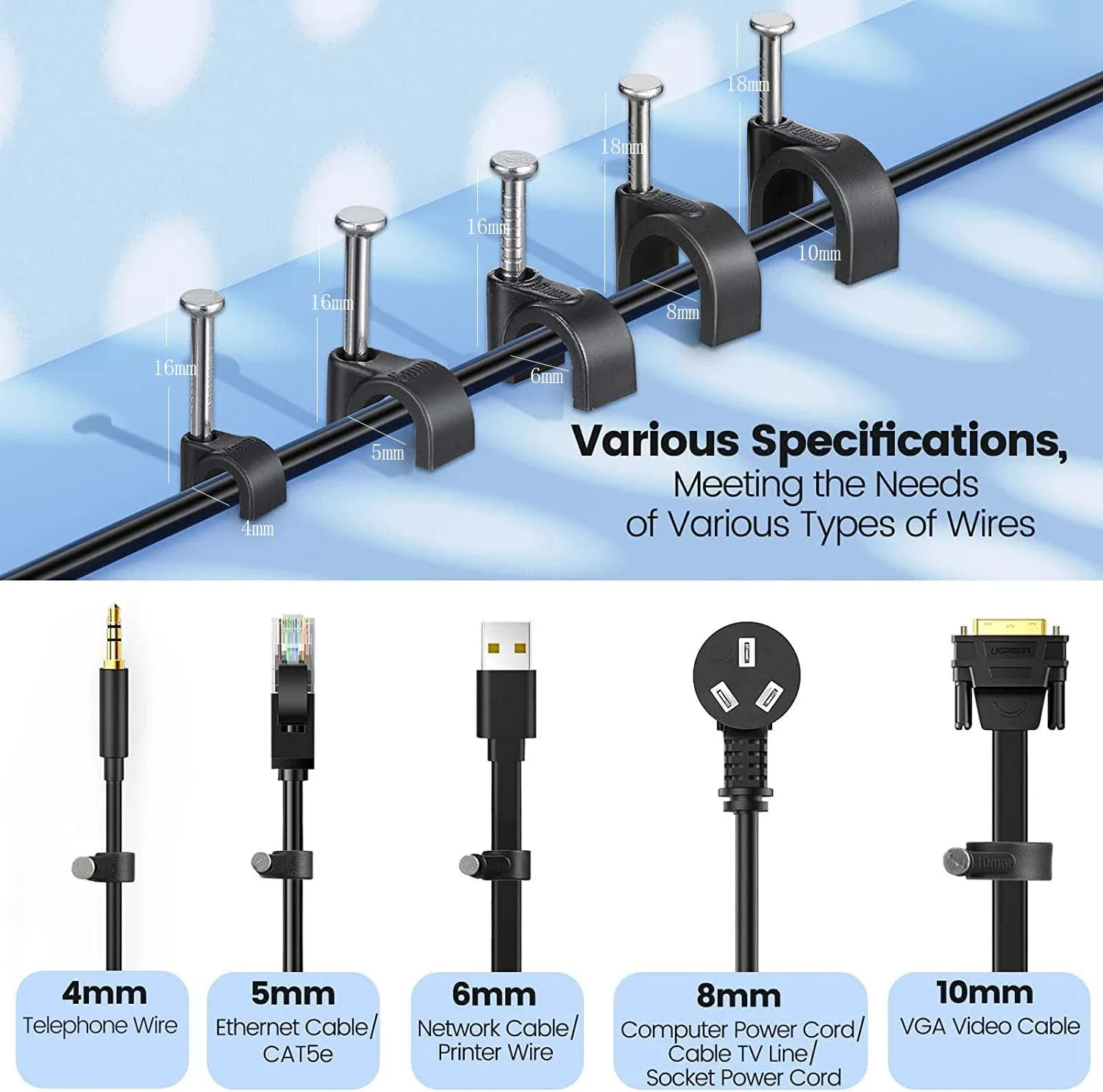 Black Cable Cord Clips, 4mm 6mm 8mm 10mm, Wire Wall Clips with Steel Nails, Ethernet Cable Clips, Cable Tacks Coax Cable Clips