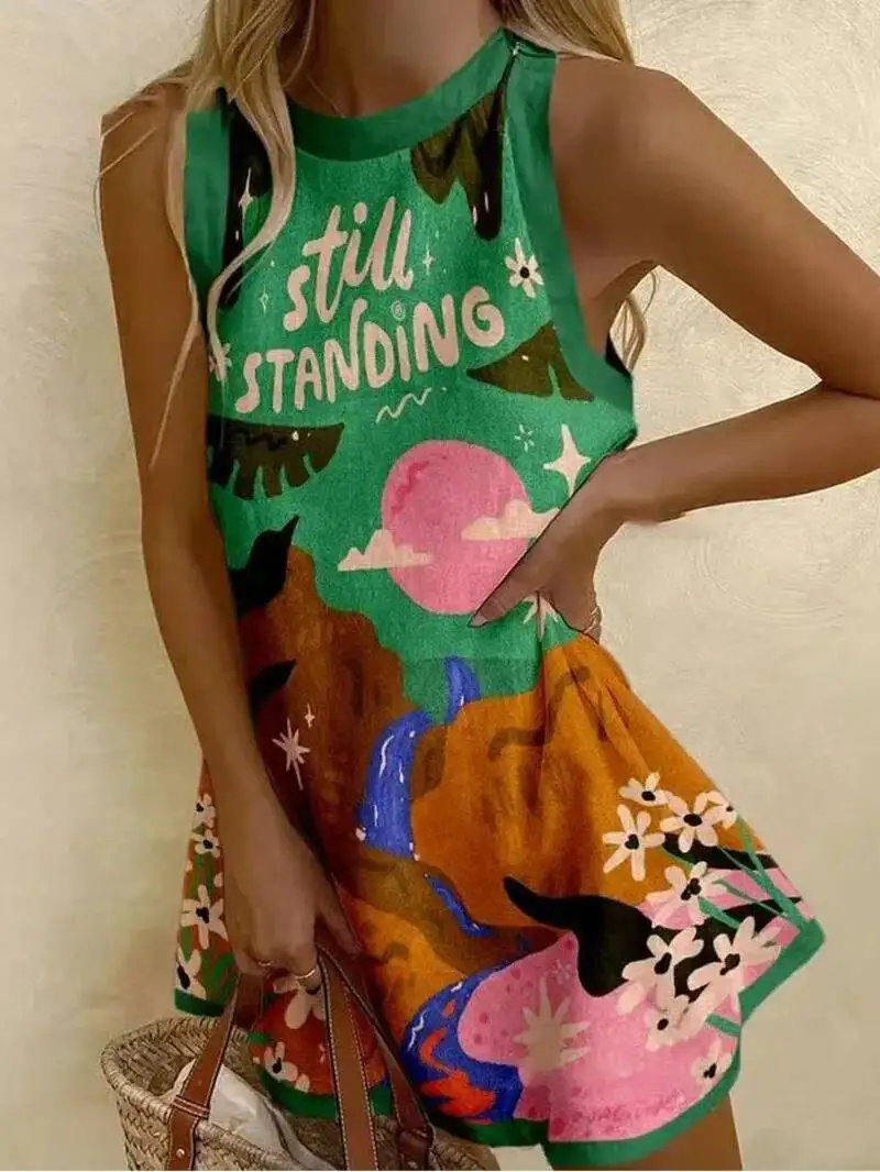 Vestidos Mujer Women Puzzle Print Summer Dress Sleeveless Casual Tank Top O-Neck Beach Dresses Female High Quality Clothing NDU8