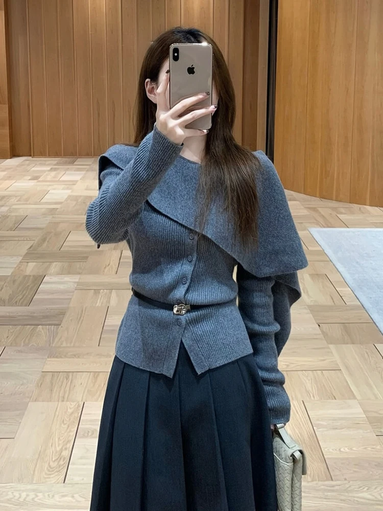 Sweater Rajut Panjang Modis Wanita Slim Fit Asimetris Nuansa Mewah Musim Gugur Trendi Atasan Model Bungkus Bahu