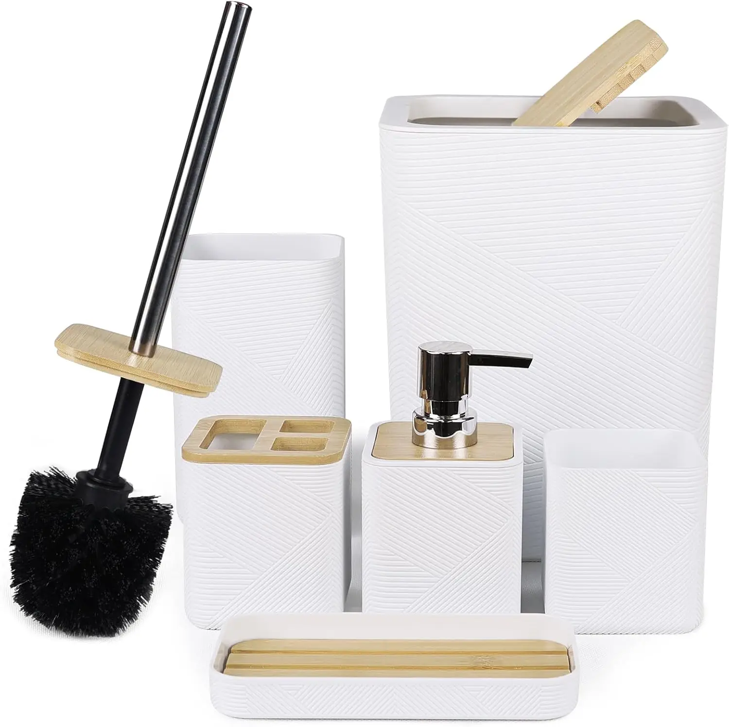

6-Piece Bamboo Bathroom Set with Soap Dispenser, Toothbrush Holder, Cup, and Soap Dish - White Decorative Gift