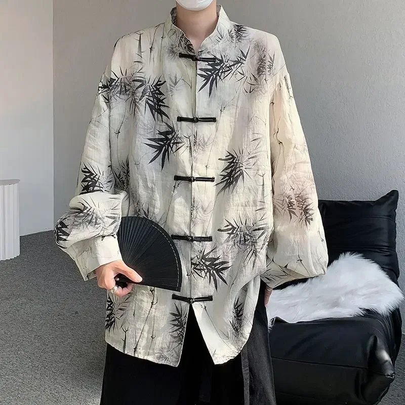 Fashion Stand Collar Bamboo Leaf Ink Printed Long Sleeved Tang Suit Shirt Men Summer Vintage Trendy Sun Protection Clothing