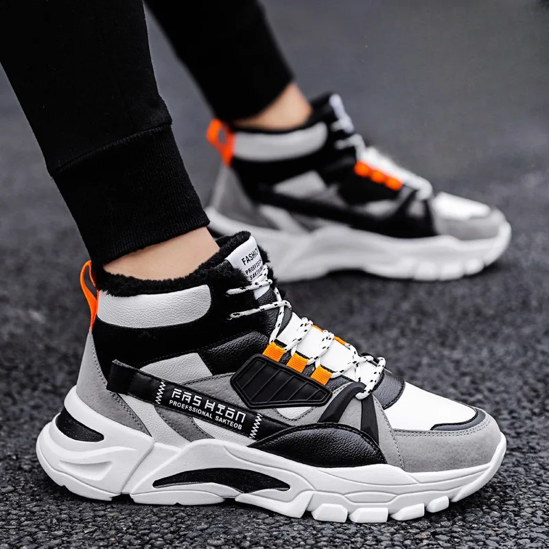 Men Leather Casual Sports Shoes Winter New Fashion High Top Breathable Lightweight Running Men Thick Soled Casual Sports Shoes