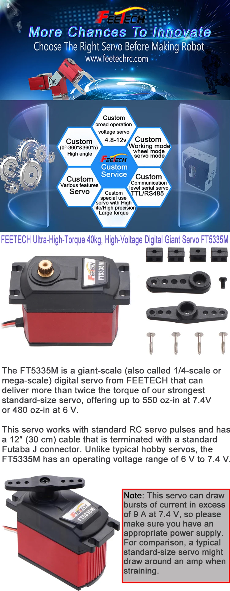 FT5335M Alto Torque 40kg RC Servo Motor 7.4V Metal Gear Digital Servo