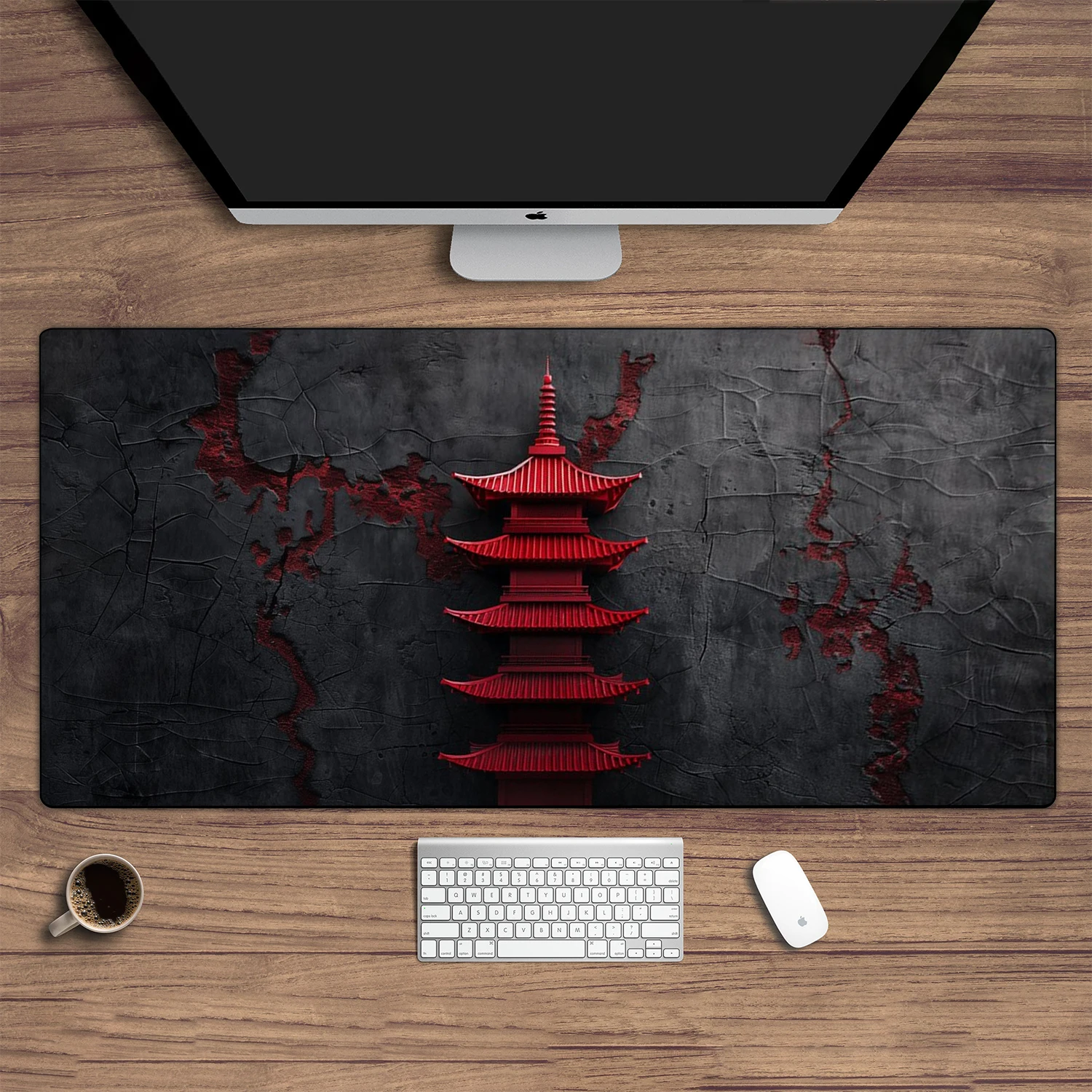 Red Japanese Pagoda Desk Pad, Gaming Mouse Pad XL, Gamer Desk Pad, Extra Large Mouse Pad, Extended Keyboard Pad, Office Decor