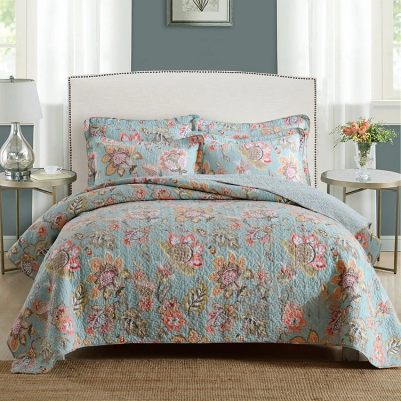 CHAUSUB Printed Quilt 100% Cotton Fabric Bedspread & Coverlet Lightweight Comforter with 2 Pillowcase 3PCS Summer Bedding Set