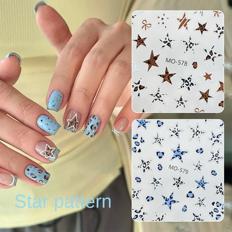 

Леопардовый принт и пятиконечная звезда, наклейки для дизайна ногтей, 3D стразы, нерегулярные звезды и банты, наклейки «сделай сам»