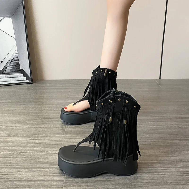 Chunky Heel Platform Summer Women Shoes 2024 New Side Zipper Design Women\'s Tassel Sandals Street Fashion High Heel Sandals