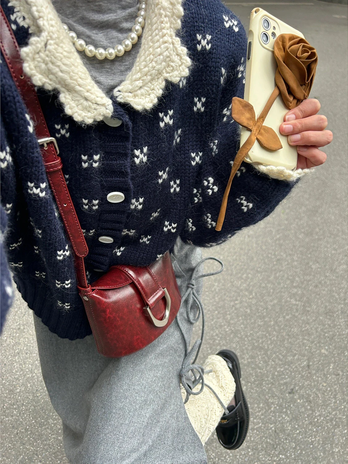 Retro Doll Collar Floral Knitted Open Cardigan Women's Loose ort Sle Inner Wear Sweater Top for Autumn Winter New Arrival