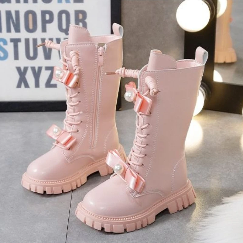 

Girls Autumn Winter Warm Furry Knee High Leather Boots for Kids​ British Style Fashion Fleece Lined Long Boots