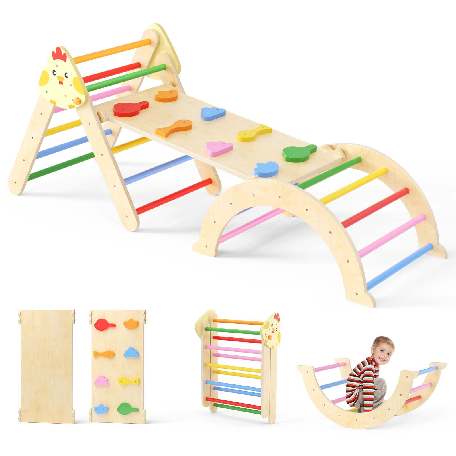 إطار تسلق للأطفال الصغار 7 في 1، ملعب داخلي، صالة الألعاب الرياضية، شريحة خشبية لتدريب الأطفال