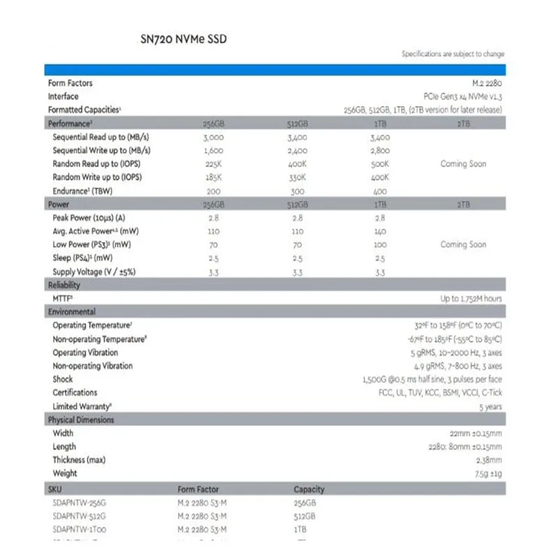 Imagem -06 - Ssd Original do wd Sn720 256g 1tb M.2 Pcie Nvme 2280 Novo