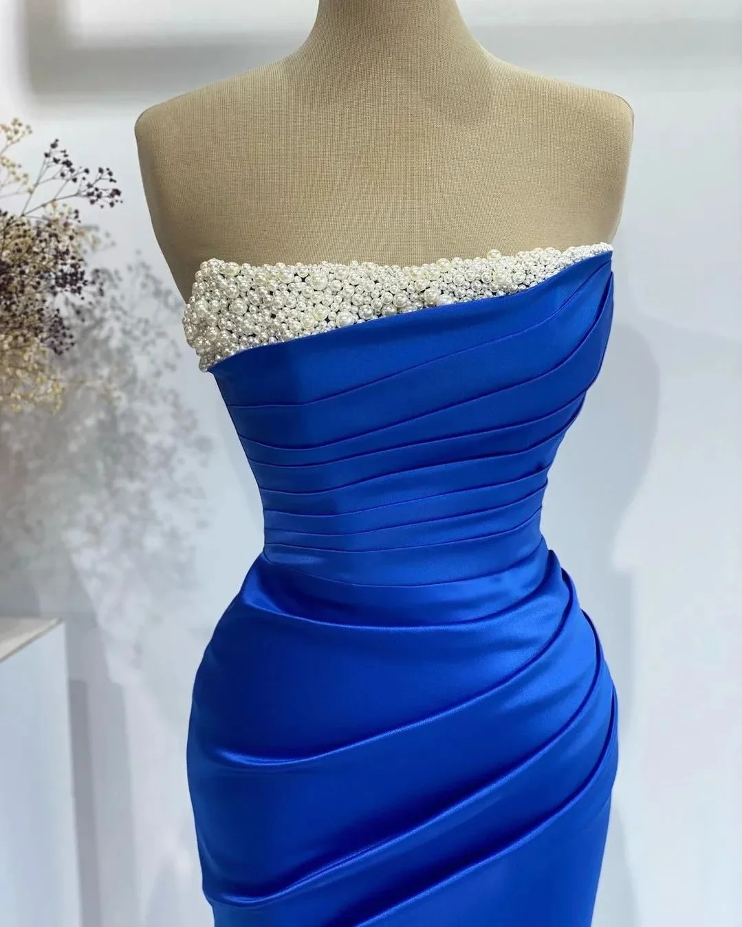 Sevintage Royal Blue Satin Mermaid Prom Dresses Pearls Pleat Ruched Evening Dress Wedding Party Gown 2022