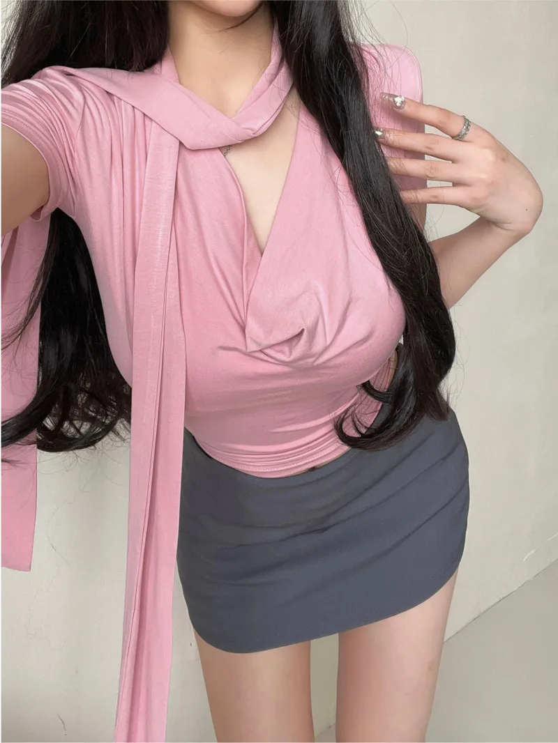 

Korean Style Ribbon Slim Short Sleeved T-shirt For Women Tshirt Summer Slim Waist Hot Sexy Women Tees Sweet Fashion Women S7OP