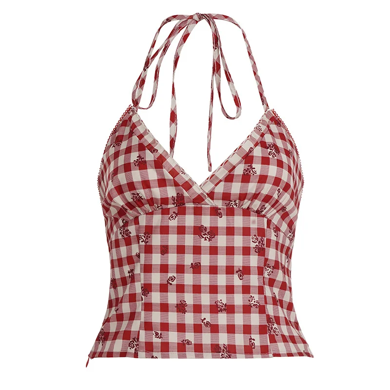 

Summer Retro Red Checkered V-neck Halter Strap Design With Split Fit And Backless, Spicy Girl Vest Top For Women