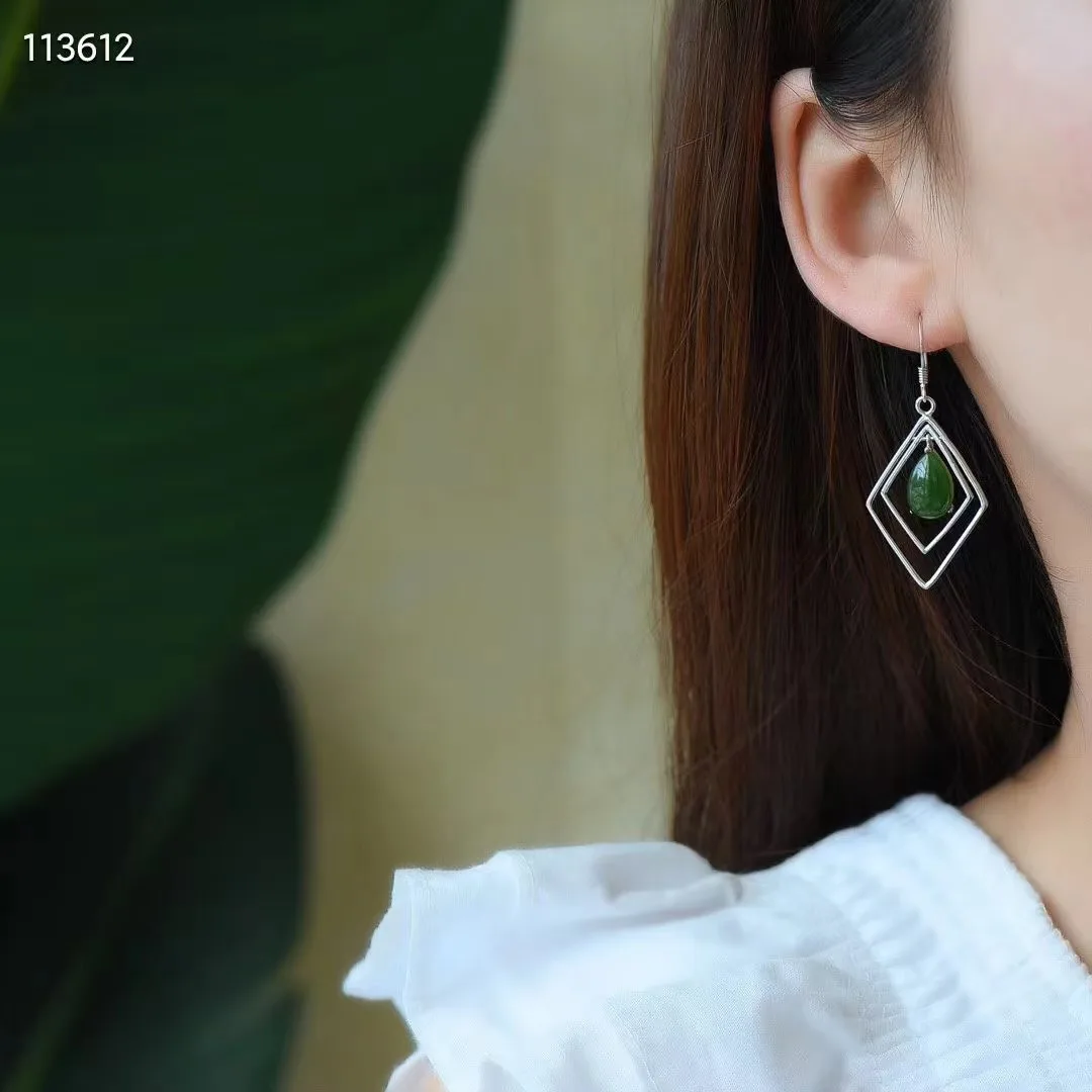 Natural 100% real 925 sterling silver earrings mosaic Droplet shape green hetian jade fashion Earrings temperament women gift