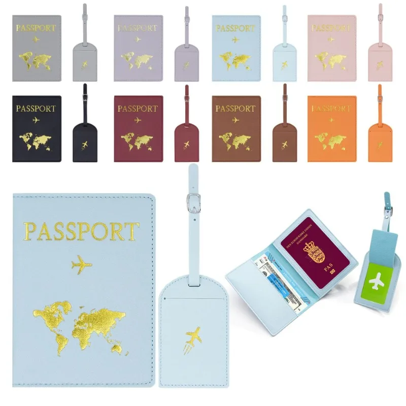 PU Leather Gold Stamping Design Passport Bag Luggage Tag Set - Passport Luggage Holder New Luggage Label Set
