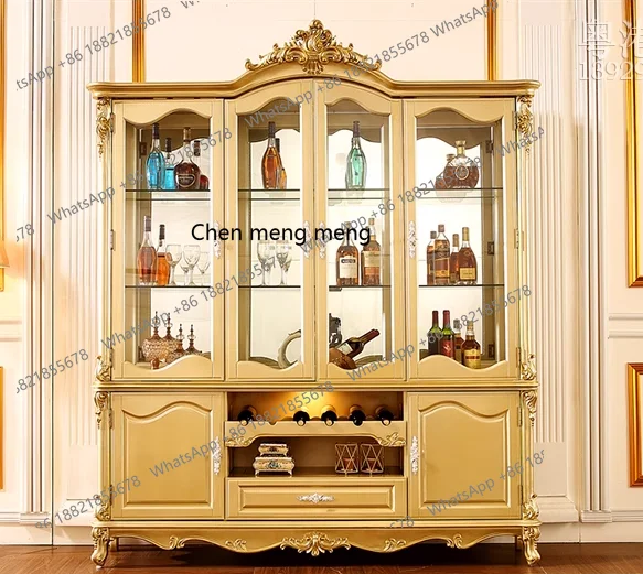

European wine cabinet solid wood carving flower villa furniture decorative cabinet champagne gold locker