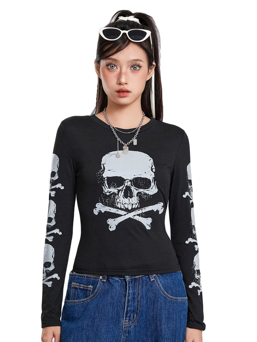 Mxiqqpltky Women s Fairy Grunge Tops Skeleton Print Long Sleeve Slim Fit T-shirt Vintage Lace Trim Crop Tees Y2K Streetwear