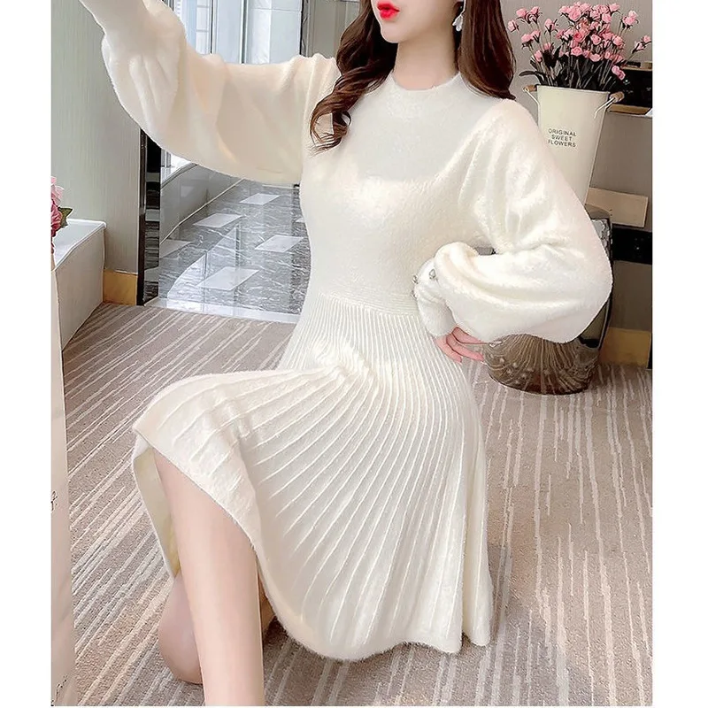 Autumn and Winter Knitted Sweater Dress Women Fashion Lantern Sleeve Button Pullover Bottom Sweater Loose Inner Warm Dresses