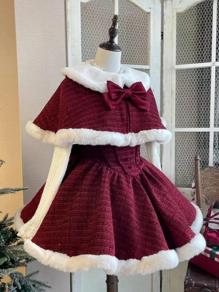 Japanese Sweet Lolita Dress Set Women Kawaii Bow Plush Shawl Short Jackets Party Mini Dress Suit Christmas New Year 3-częściowy zestaw