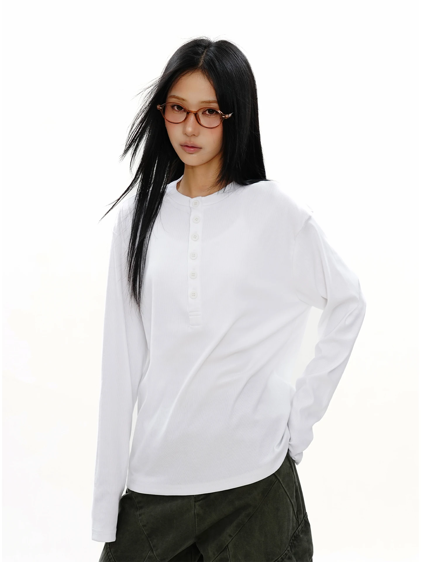 

S3T5 Henry Collar Long Sve T-irt ex Soft Comfortable Versatile Body ape Highlighting Cotton Polyester Blend T-irt