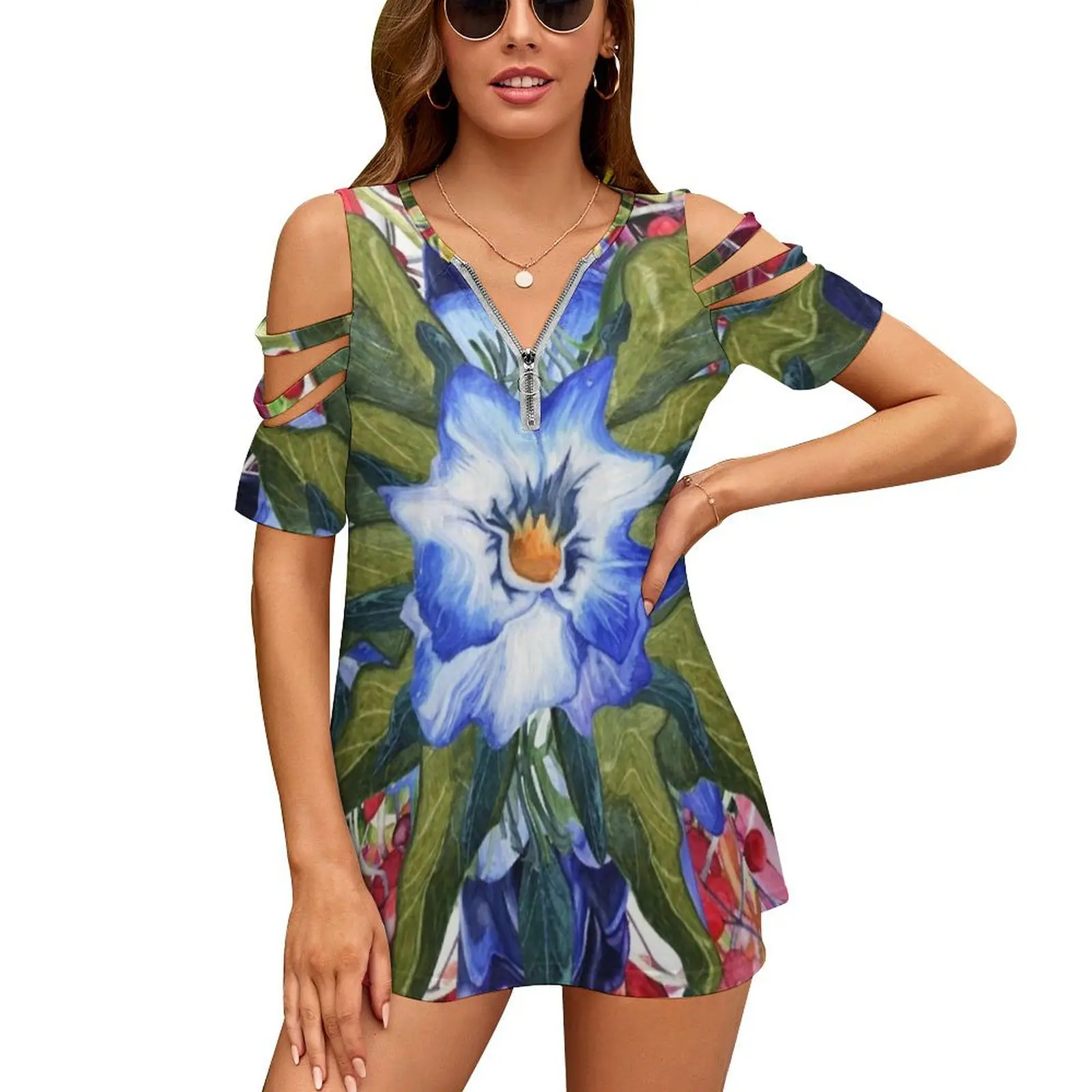 Melting Painted Garden By Mautner Design Women'S T-Shirt Summer Fashion Print Floral V-Neck Zipper Tshirt Hollow Pullover