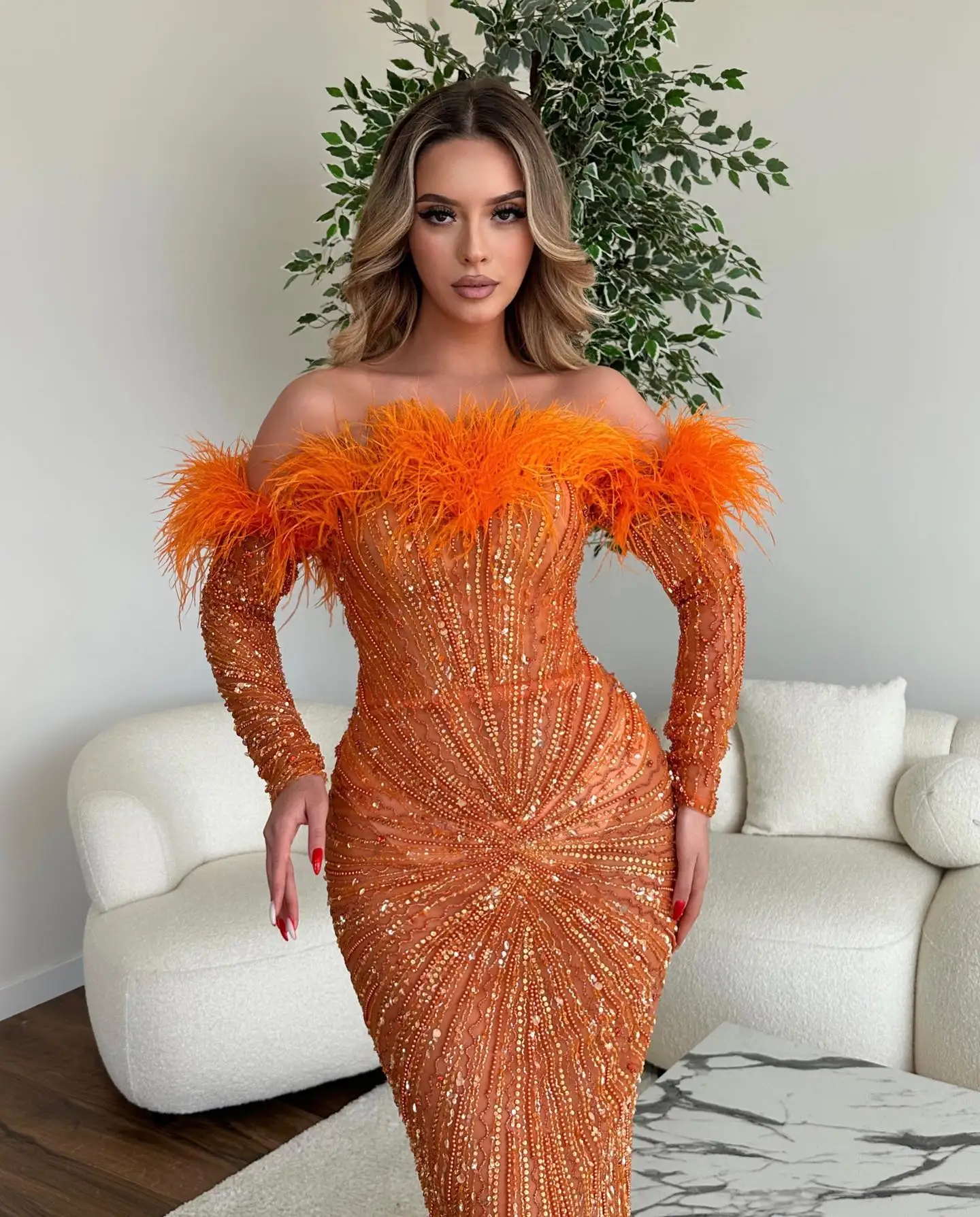 Sparkling Beaded Orange Mermaid Prom Dresses Feathers Off the Shoulder Sexy Back Slit Formal Occasion Dress فساتين للحفلات الراق