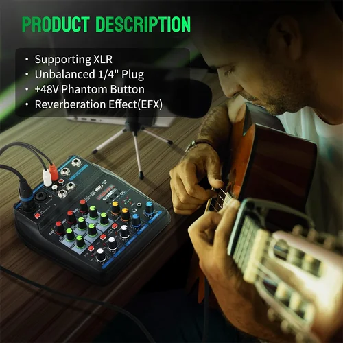 Imagen 2 del producto Mezclador de audio portátil TAVOSOP de 4 canales, tarjeta de consola de grabación de sonido con interfaz USB BT 48V para DJ, karaoke, PC, micrófono MP3