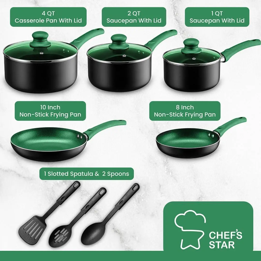 Star Pots And Pans Set Kitchen Cookware Sets Nonstick Aluminum Cooking Essentials 11 Pieces Green