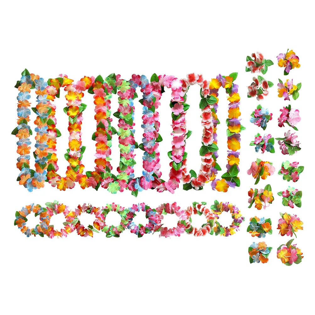 

1Set Hawaii Leis Kit Lightweight Cloth Flower Necklace Headband Wristband Hawaiian Party Supplies Wedding Festival Decor