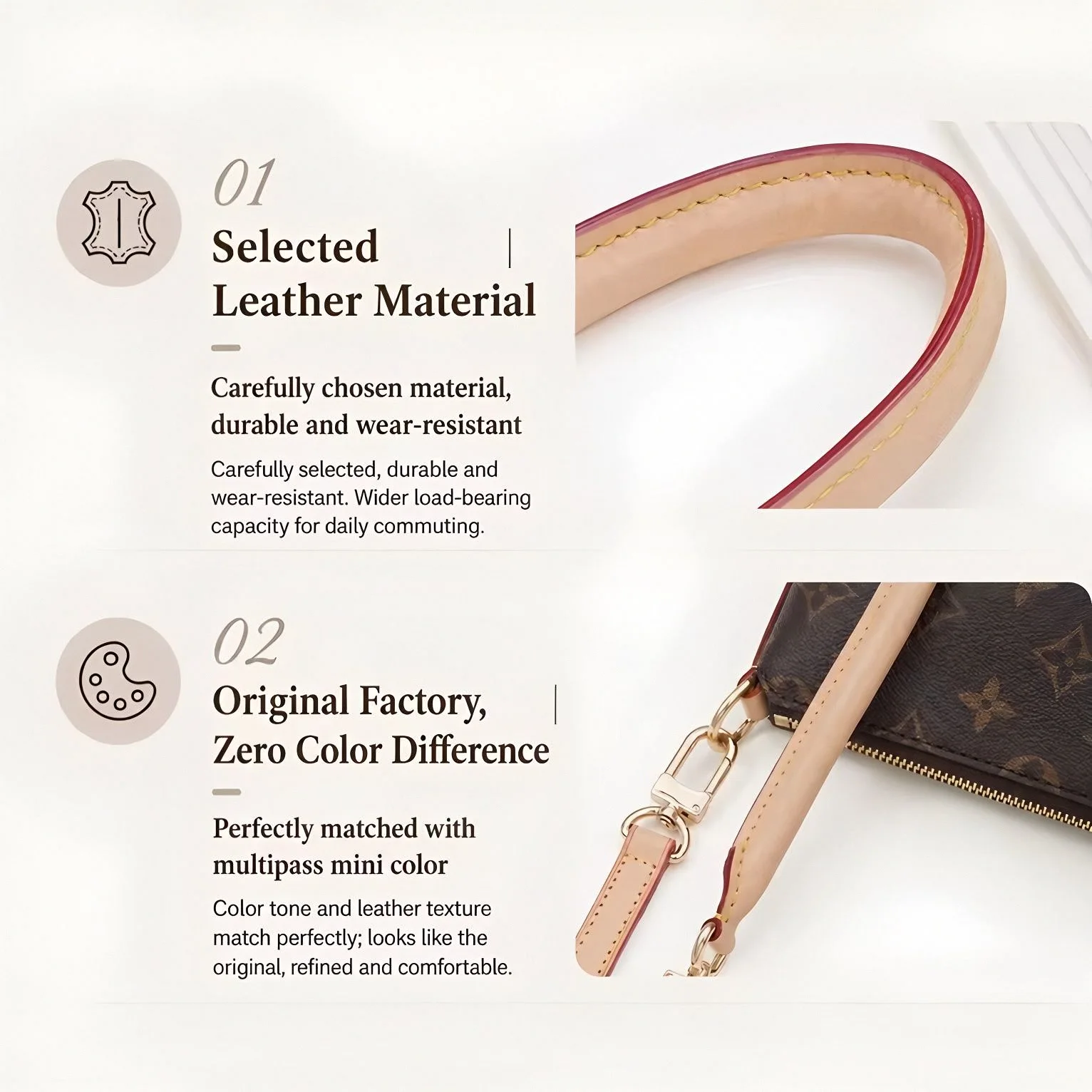 Vegetable Tanned Leather Replacement Shoulder Strap Adjustable With Pearl Decor Chain For Women Hobo Handbag Purse Modification Parts