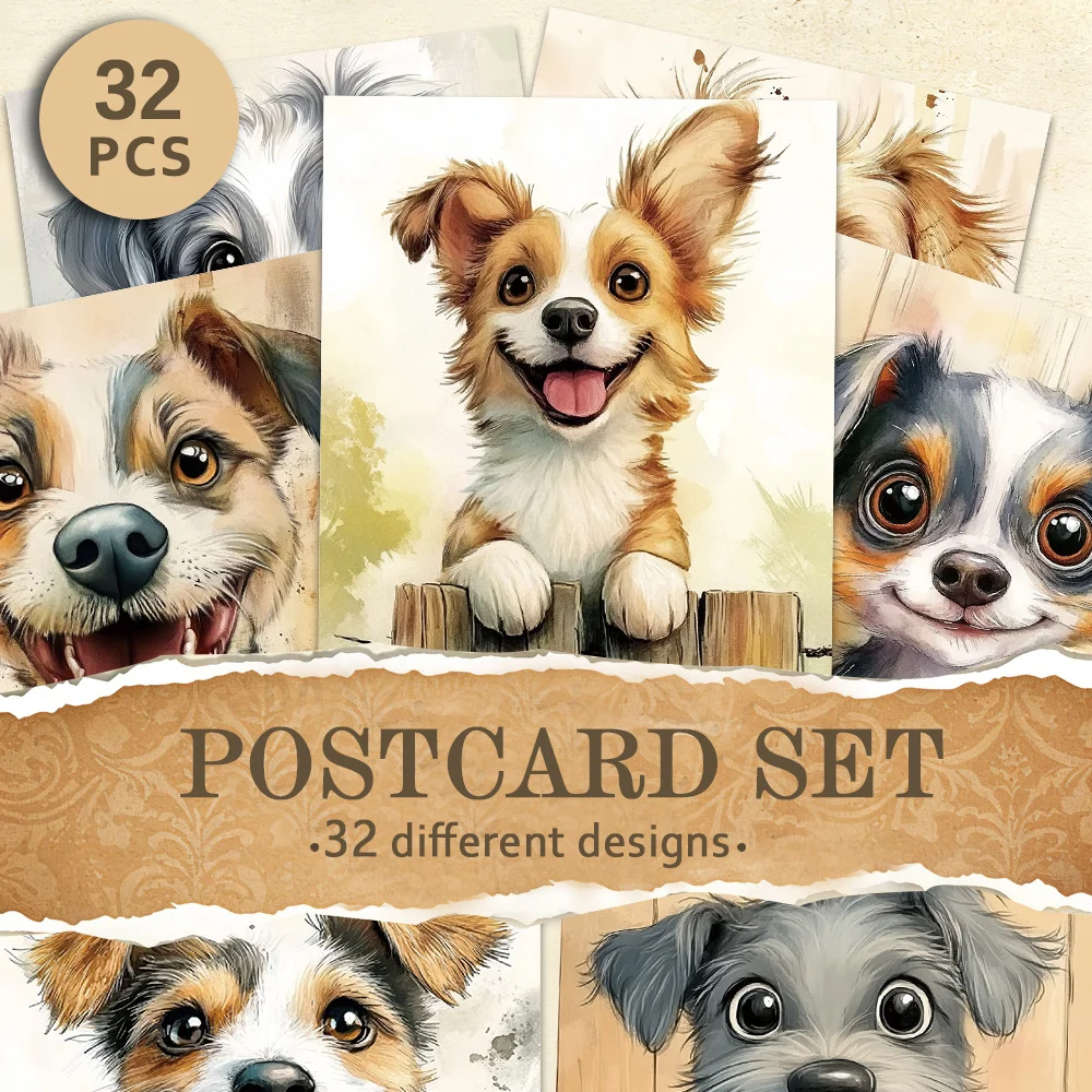 32pcs, watercolor cute puppy postcards, Birthday/Anniversary gifts, collectibles, suitable for gift giving, can be mailed.