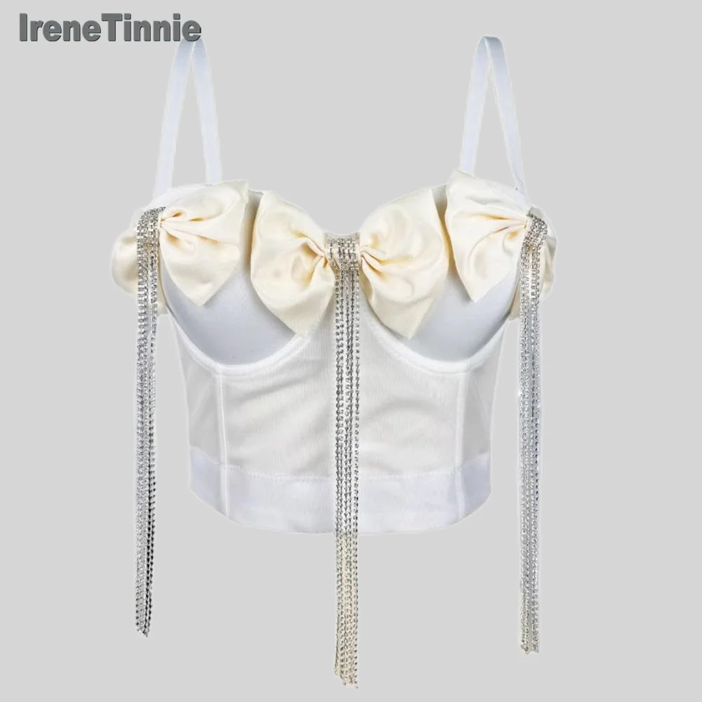 IRENE TINNIE Fashion Backless Corset Lady Bow Rhinestone Tassel Crop Top Sexy Women Camisole Bustier Party Tank Tops 2025