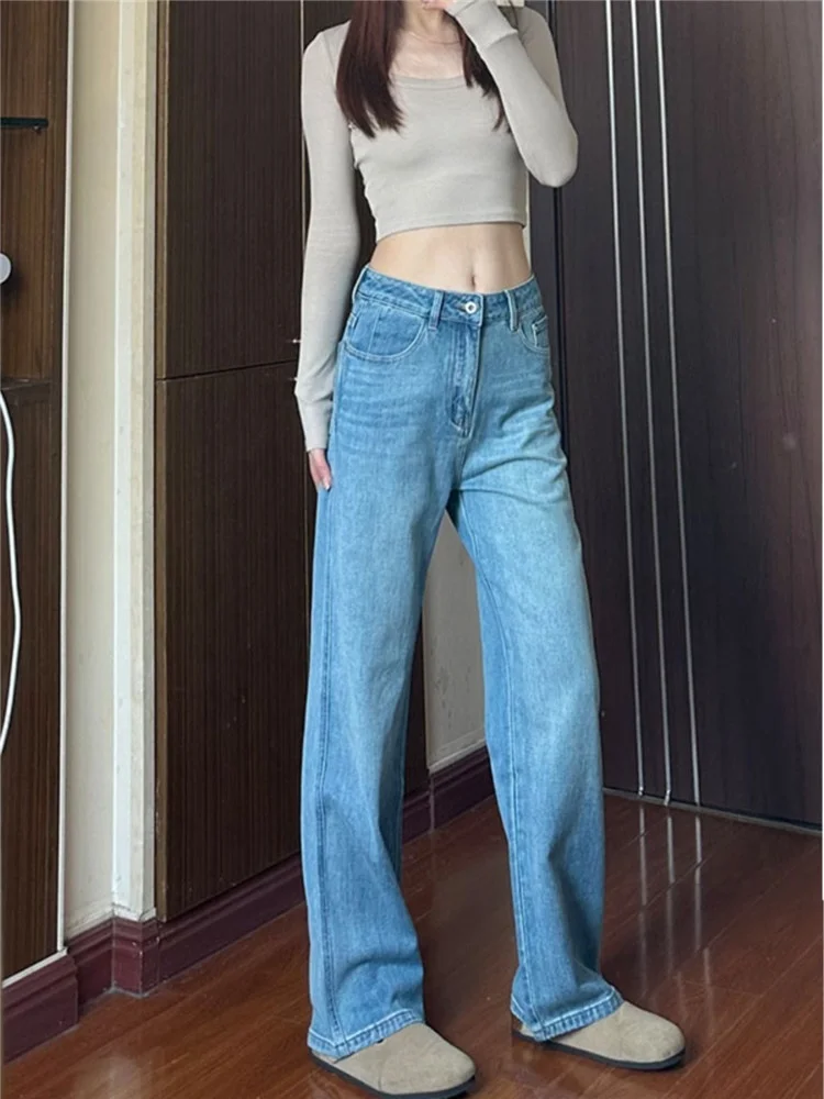 

American Retro Light Blue High Waist Straight Leg Jeans Women's Autumn Winter Long Taller Floor-Length Pants