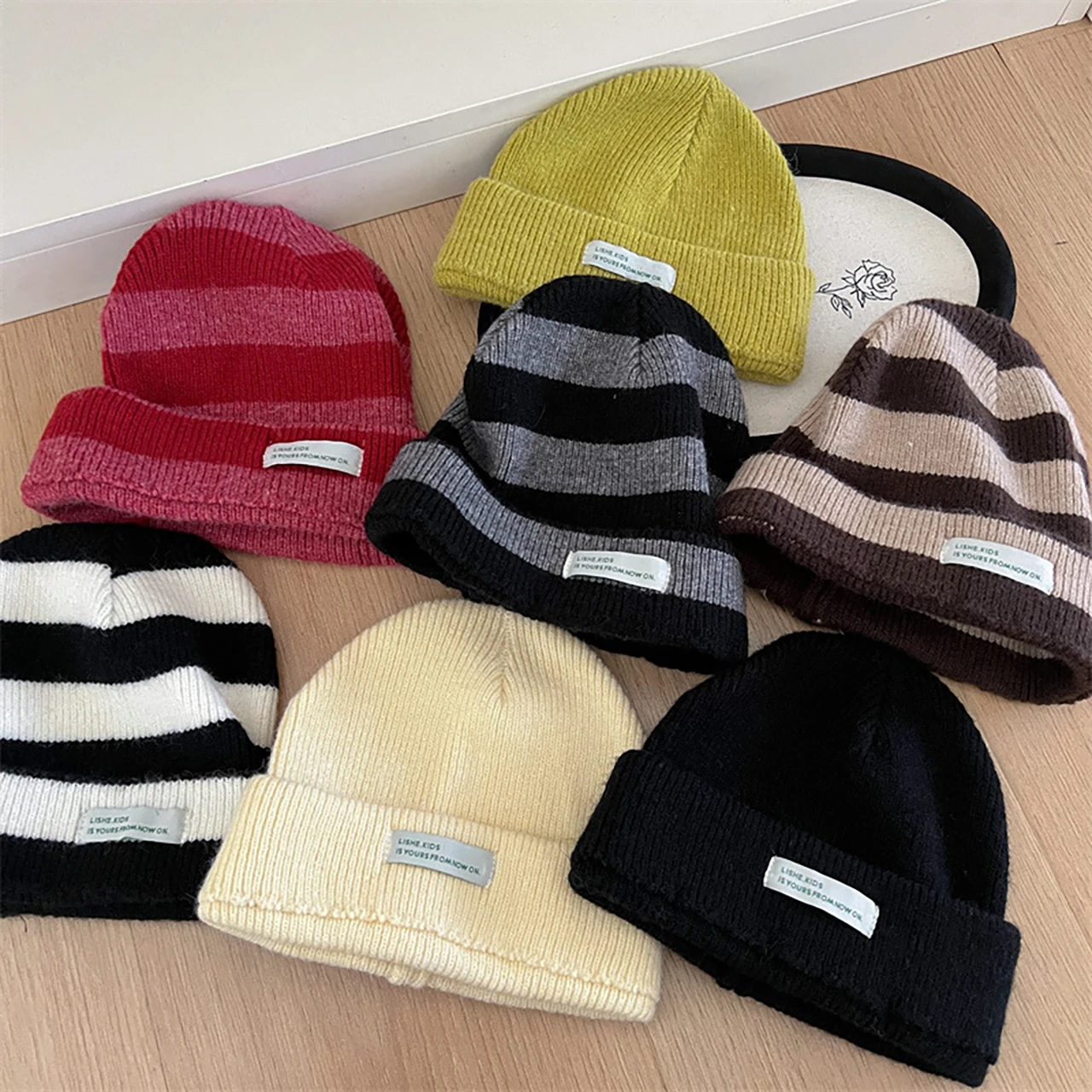 

Korean Stripe Beanie Cap for Baby Autumn Winter Warm Toddler Knitted Hat Outdoor Windproof Kids Pullover Hats