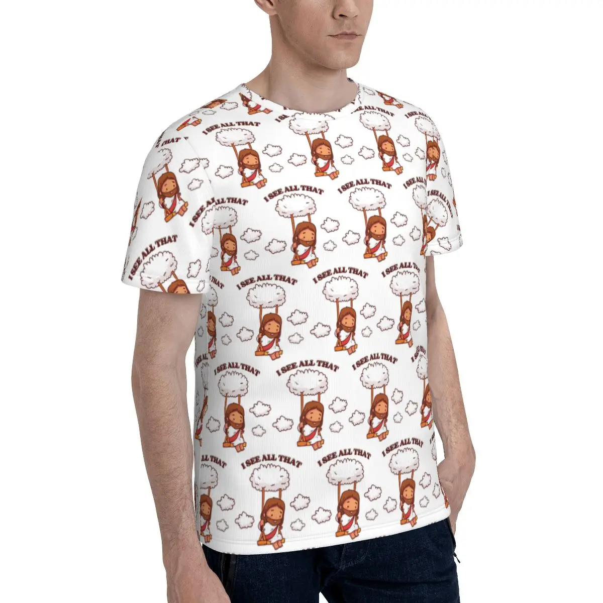 I See All That Cute Jesus On A Cloud Swing T-Shirt for Men Cotton T Shirts Men's Short Sleeve O-Neck Summer Clothes Tops