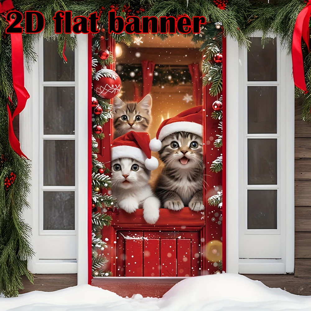 

A Polyester Christmas Hat with A Kitten Design for The Door Panel Decoration, Suitable for Christmas and New Year Celebrations
