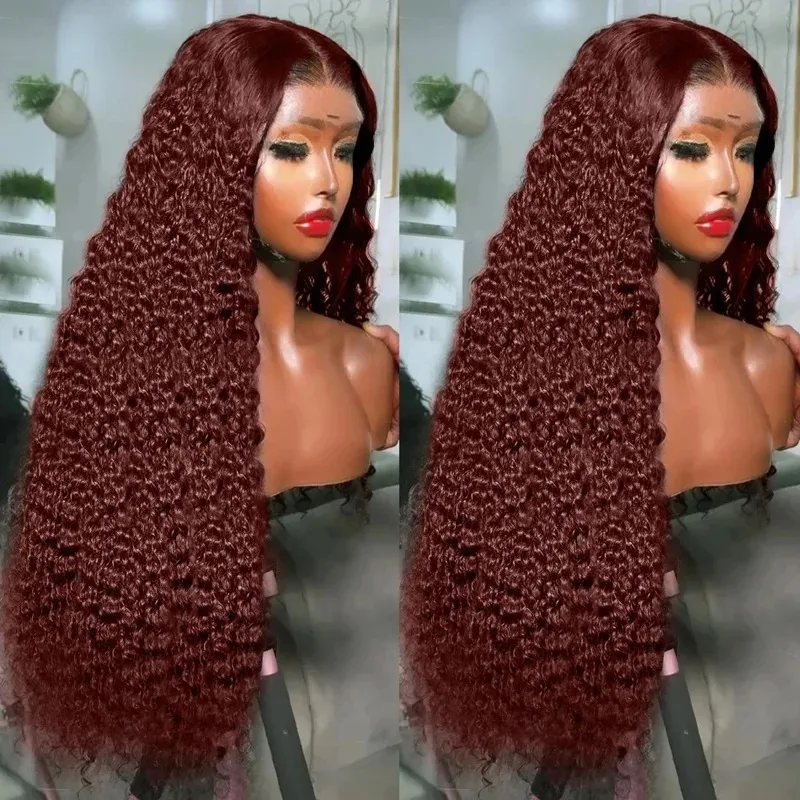 Curly 99j burgundy 13x5 Lace Front 200 density 30 40 Inch Human Hair Deep Wave 13x6 Lace Frontal Wig Brazilian For Black Women