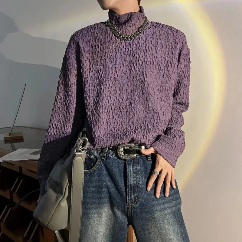 

Solid Color Turtleneck Bottoming Shirt for Men Autumn and Winter Long-sleeved Pullover Loose Pleated T-shirt Top