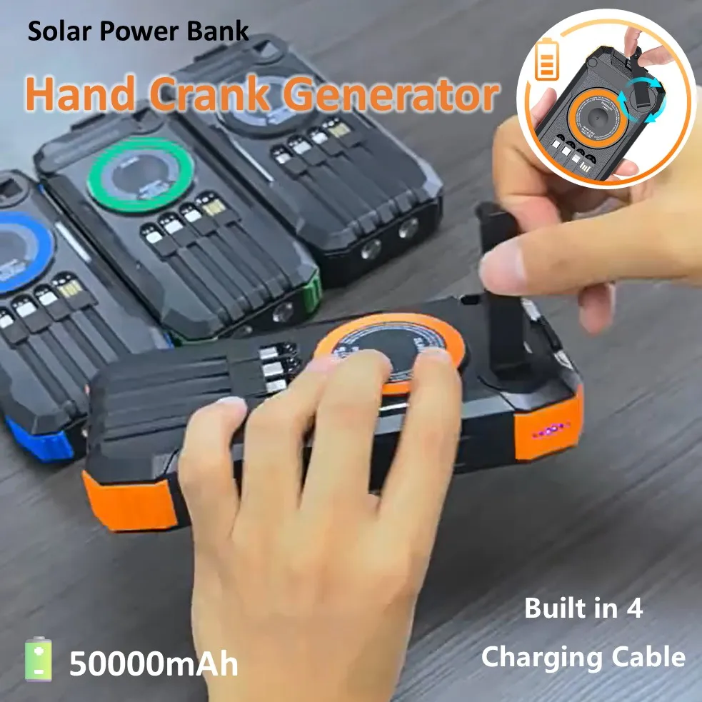 Solar Power Bank with Hand Crank,Portable External Battery Built in Charging Cable,Outdoor Emergency Charger,Dual LED Flashlight