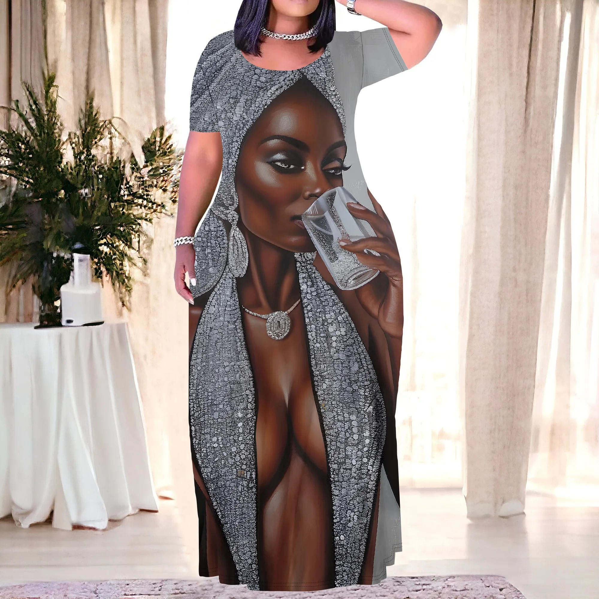 

Women's Grey Geometric Short-Sleeve Crew Neck Printed Maxi Dress with Pocket Polyester Outdoor Spring Modern